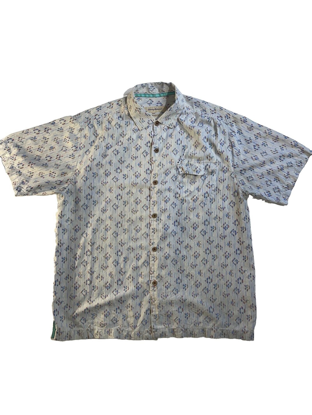 Tommy Bahama Men’s Large 100% Silk Short Sleeve Button Shirt Geometric Blue